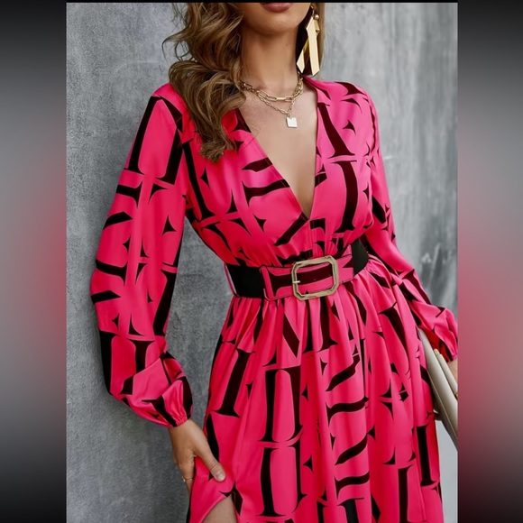 Letter Print Split Thigh Belted, Elegant V Neck High Waist Pleated Maxi Dress - Picture 9 of 11